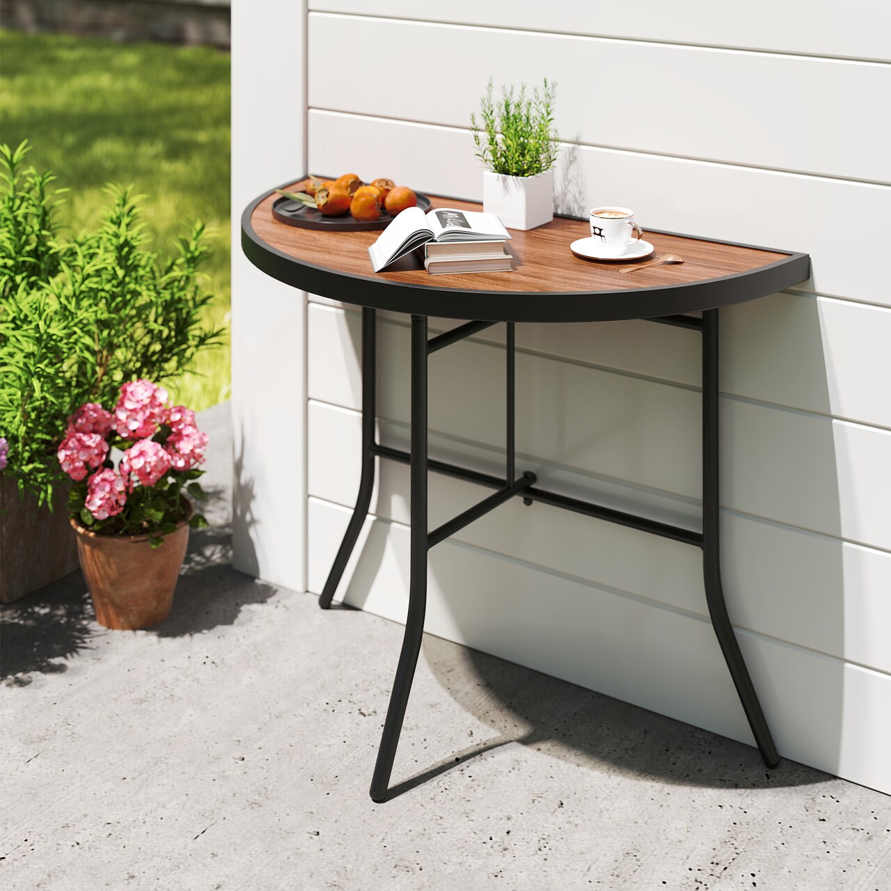 35.5" Folding Semi-Circle Table with Metal Legs and Wood Grain SPC Surface Ideal for Indoor or Outdoor Use